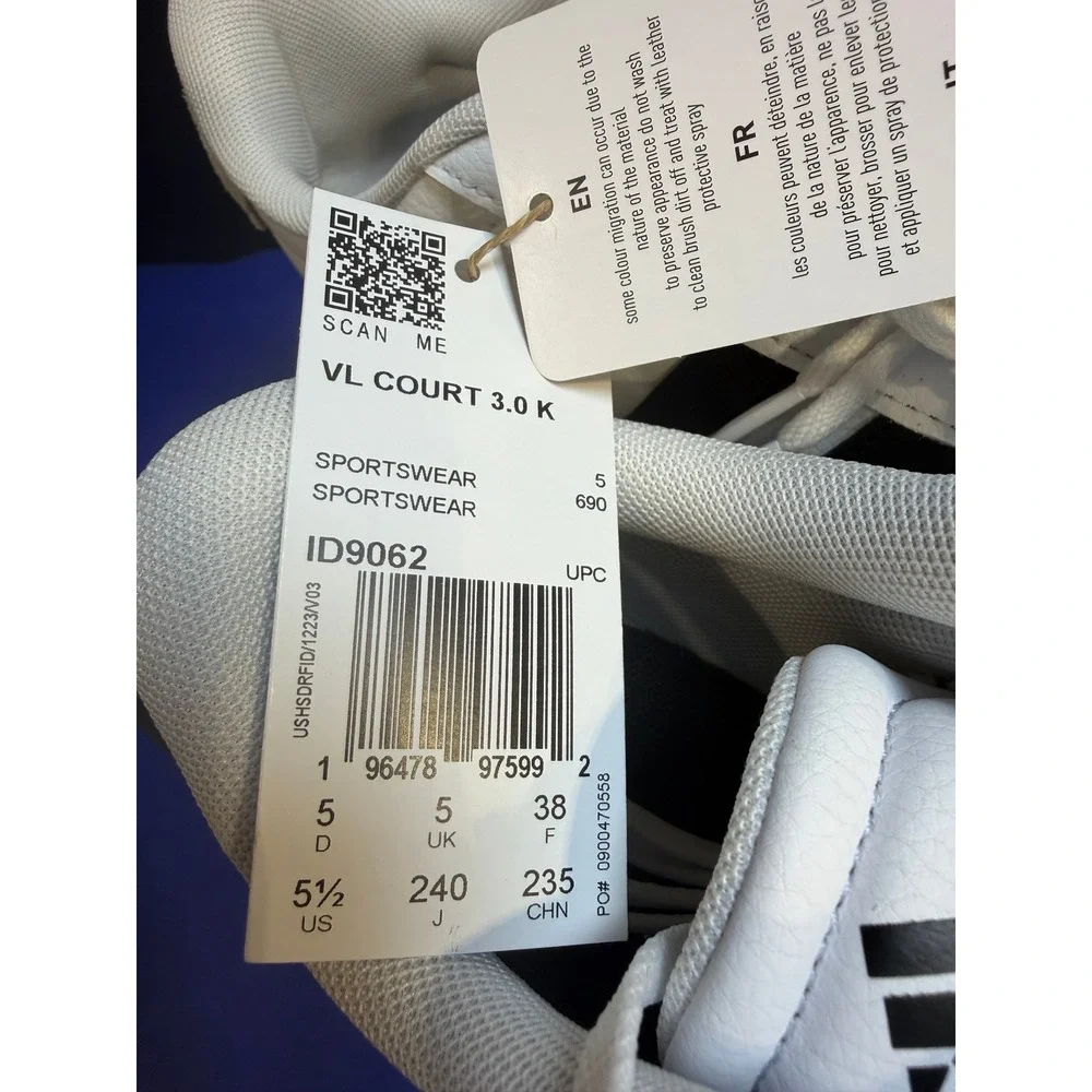 Adidas VL Court 3.0 K White Black Gum Sole Sneakers‎ ID9062 US 5.5 NIB